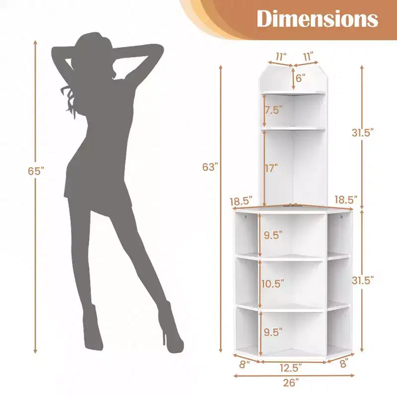 6-Tier Corner Shelf 63" Tall Corner Bookshelf with 2 USB Ports & Charging Station Brown/White