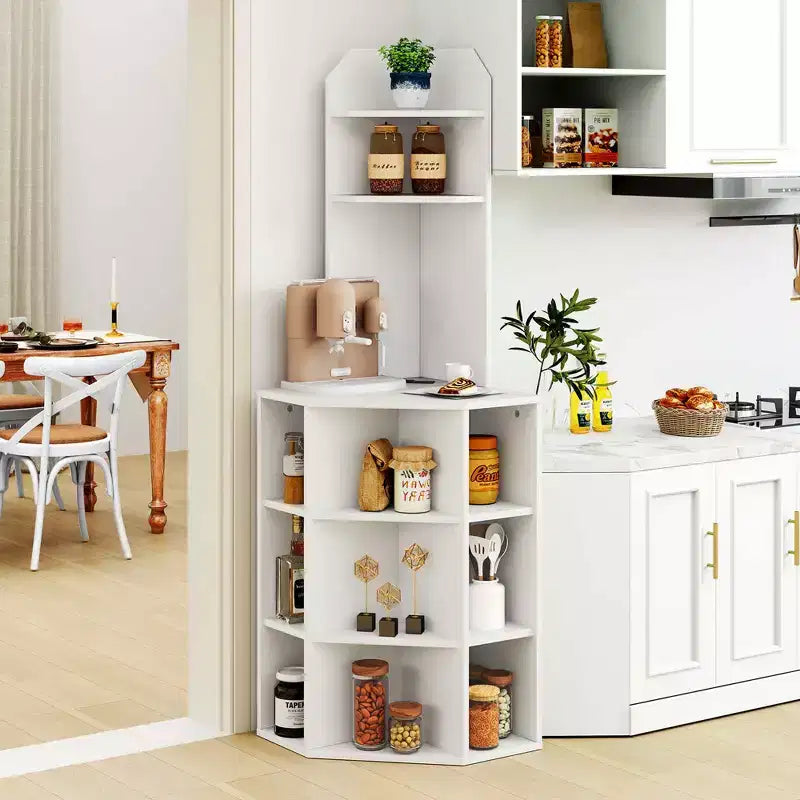 6-Tier Corner Shelf 63" Tall Corner Bookshelf with 2 USB Ports & Charging Station Brown/White