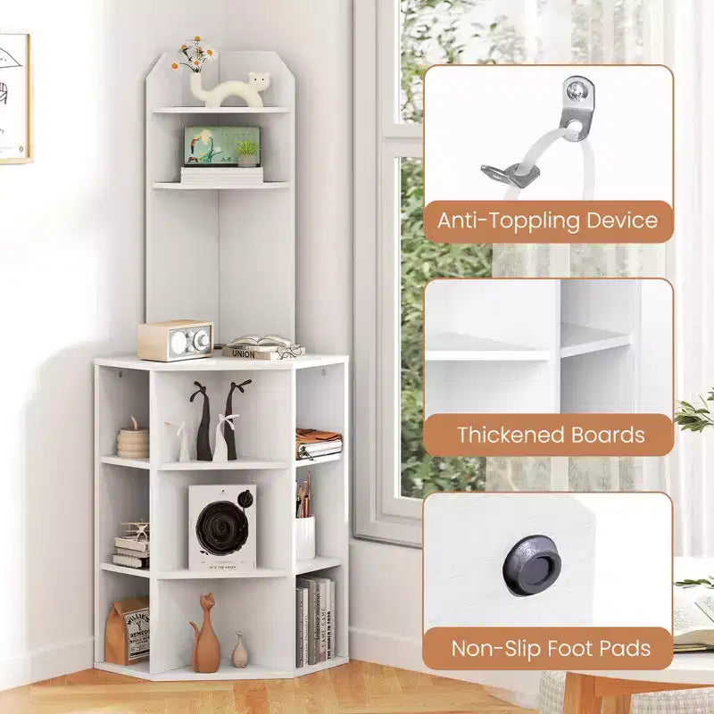 6-Tier Corner Shelf 63" Tall Corner Bookshelf with 2 USB Ports & Charging Station Brown/White