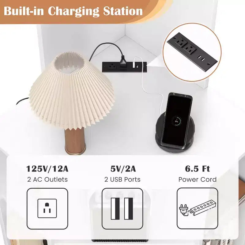 6-Tier Corner Shelf 63" Tall Corner Bookshelf with 2 USB Ports & Charging Station Brown/White
