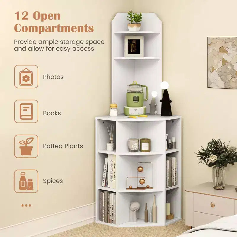 6-Tier Corner Shelf 63" Tall Corner Bookshelf with 2 USB Ports & Charging Station Brown/White