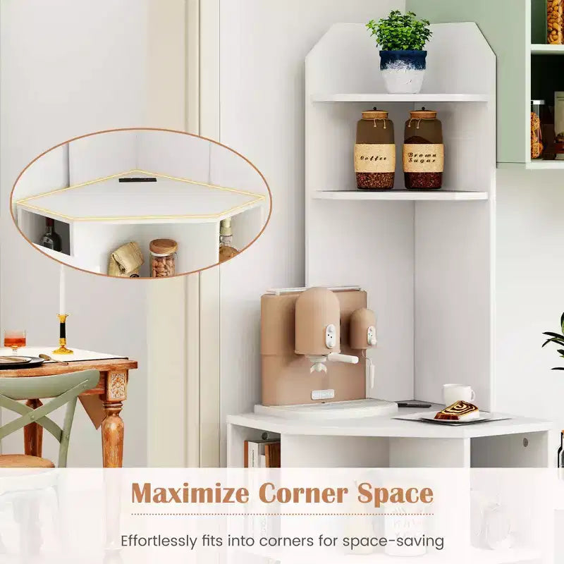 6-Tier Corner Shelf 63" Tall Corner Bookshelf with 2 USB Ports & Charging Station Brown/White
