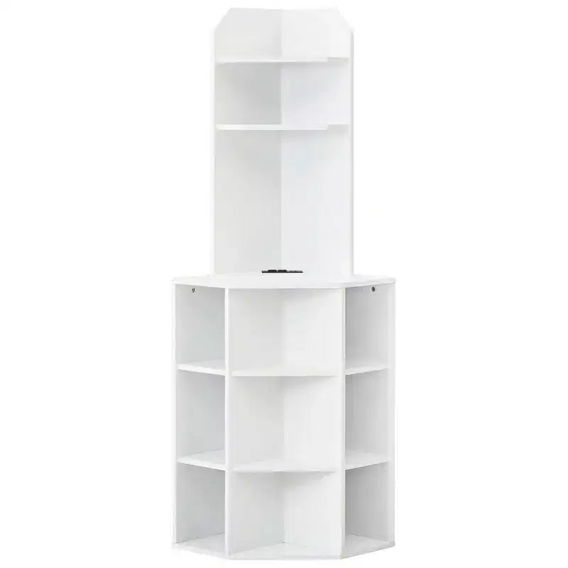 6-Tier Corner Shelf 63" Tall Corner Bookshelf with 2 USB Ports & Charging Station Brown/White