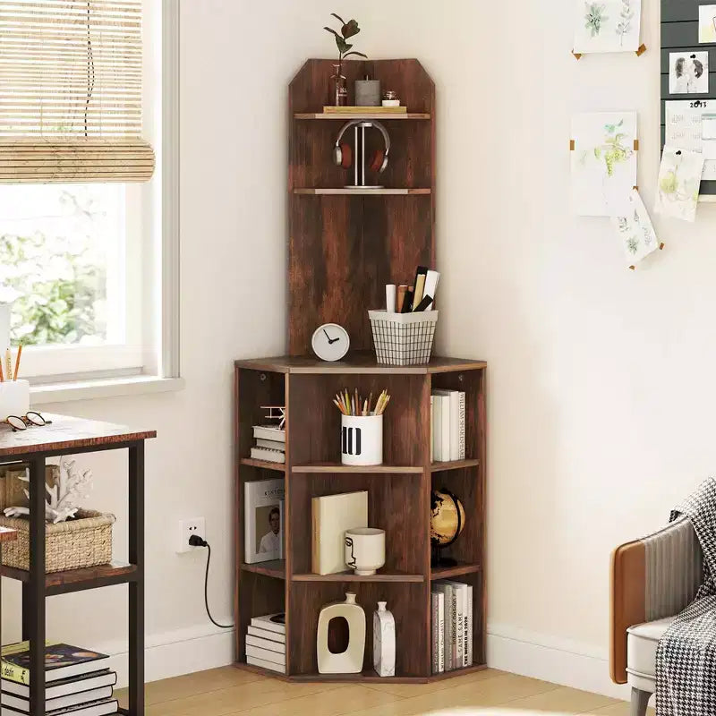 6-Tier Corner Shelf 63" Tall Corner Bookshelf with 2 USB Ports & Charging Station Brown/White