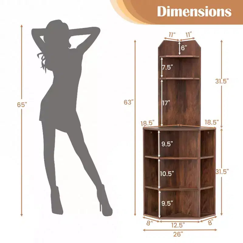 6-Tier Corner Shelf 63" Tall Corner Bookshelf with 2 USB Ports & Charging Station Brown/White