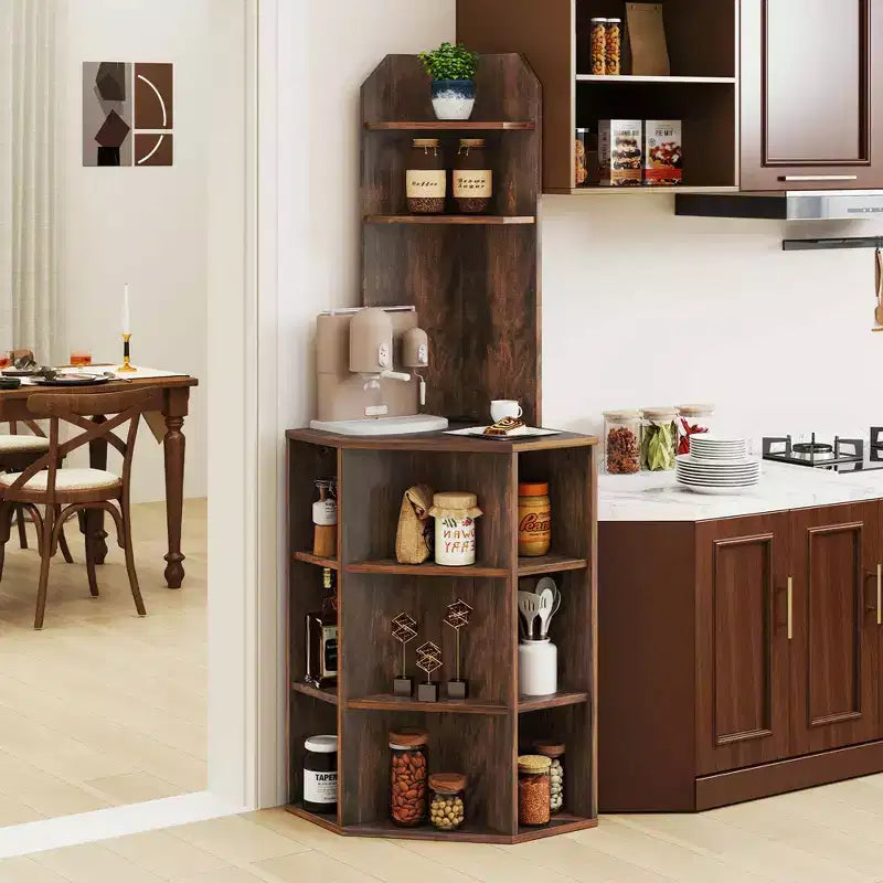 6-Tier Corner Shelf 63" Tall Corner Bookshelf with 2 USB Ports & Charging Station Brown/White