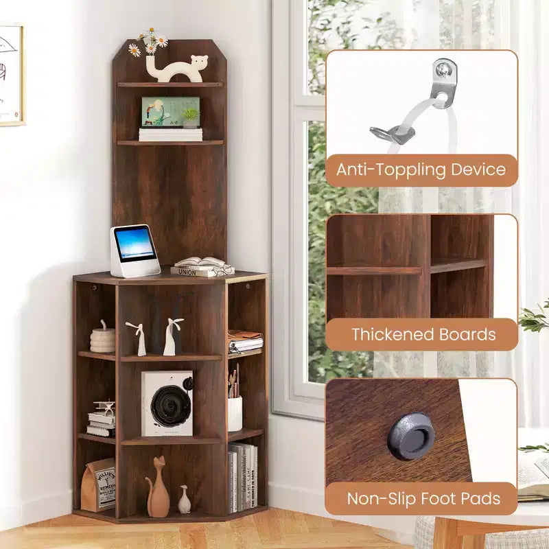 6-Tier Corner Shelf 63" Tall Corner Bookshelf with 2 USB Ports & Charging Station Brown/White