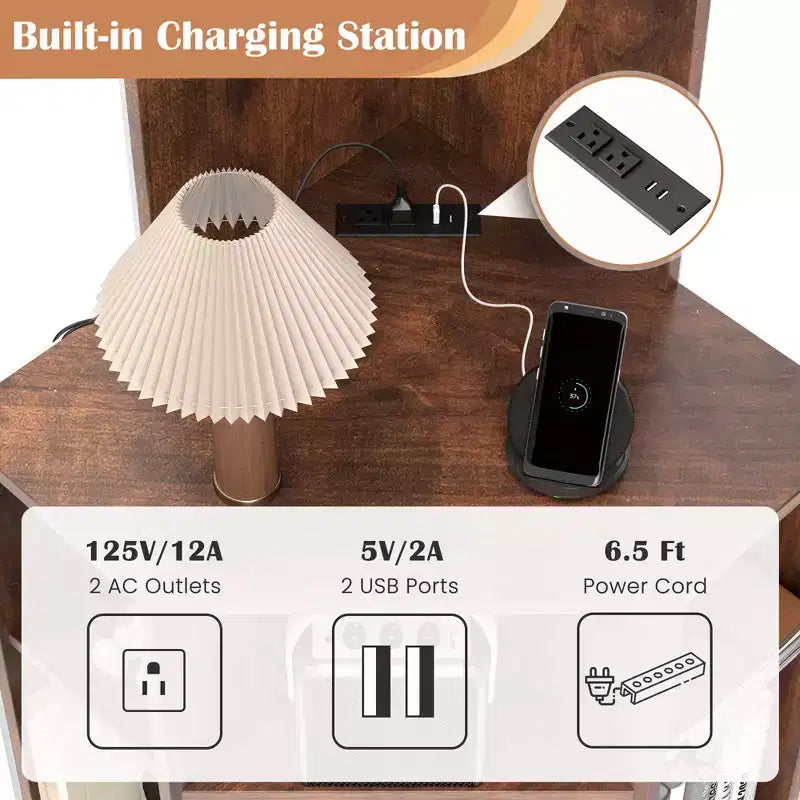 6-Tier Corner Shelf 63" Tall Corner Bookshelf with 2 USB Ports & Charging Station Brown/White