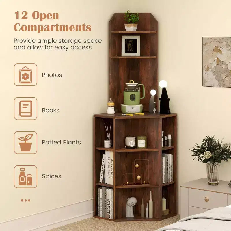 6-Tier Corner Shelf 63" Tall Corner Bookshelf with 2 USB Ports & Charging Station Brown/White