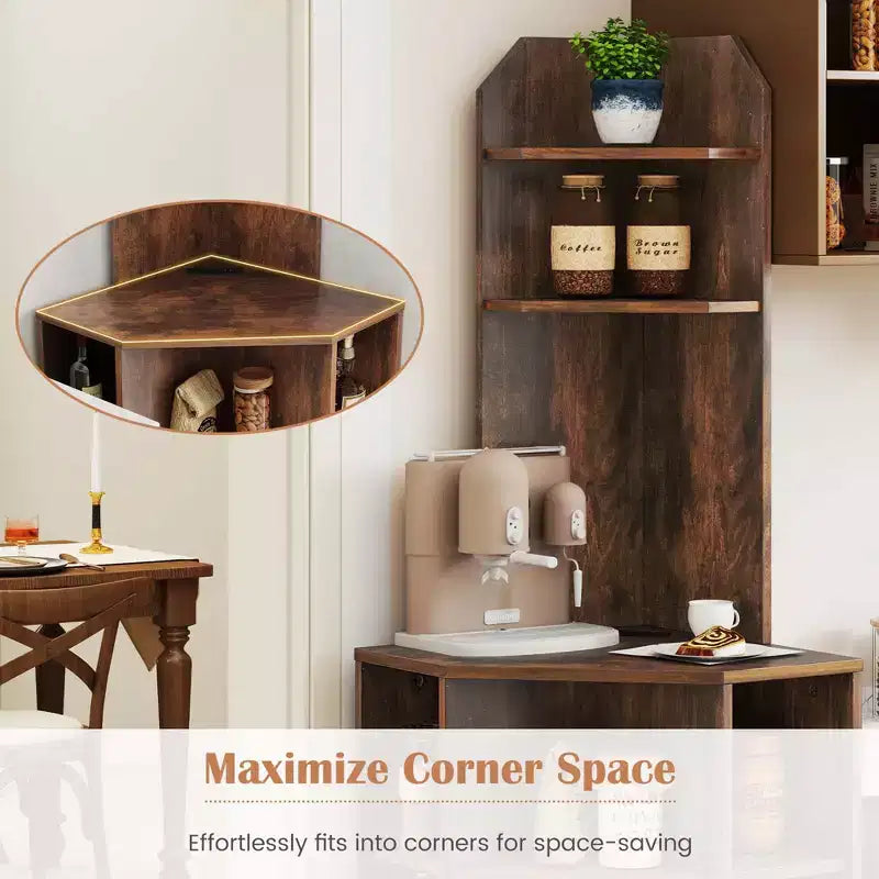 6-Tier Corner Shelf 63" Tall Corner Bookshelf with 2 USB Ports & Charging Station Brown/White