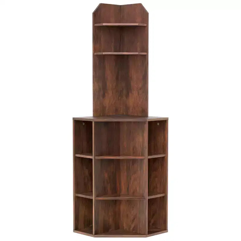 6-Tier Corner Shelf 63" Tall Corner Bookshelf with 2 USB Ports & Charging Station Brown/White