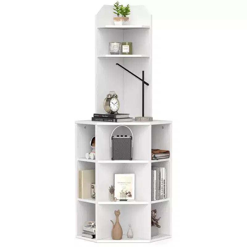 6-Tier Corner Shelf 63" Tall Corner Bookshelf with 2 USB Ports & Charging Station Brown/White