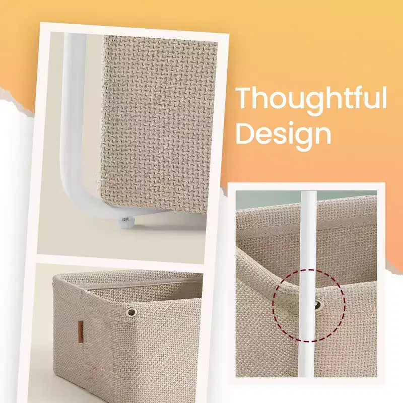 Modern Nightstand with Fabric Basket Square Bedside Table, End Table, Side Table for Living Room, Bedroom Matte White and Camel Brown
