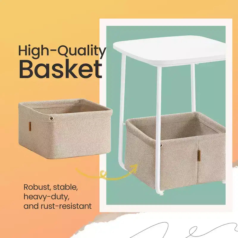 Modern Nightstand with Fabric Basket Square Bedside Table, End Table, Side Table for Living Room, Bedroom Matte White and Camel Brown
