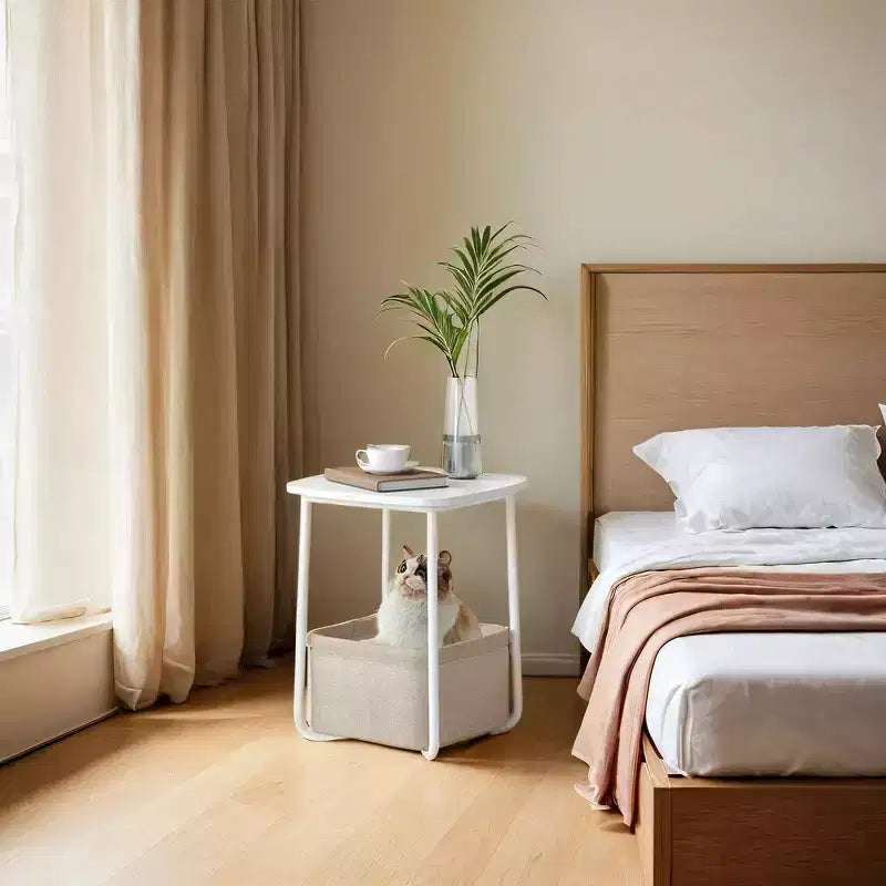 Modern Nightstand with Fabric Basket Square Bedside Table, End Table, Side Table for Living Room, Bedroom Matte White and Camel Brown