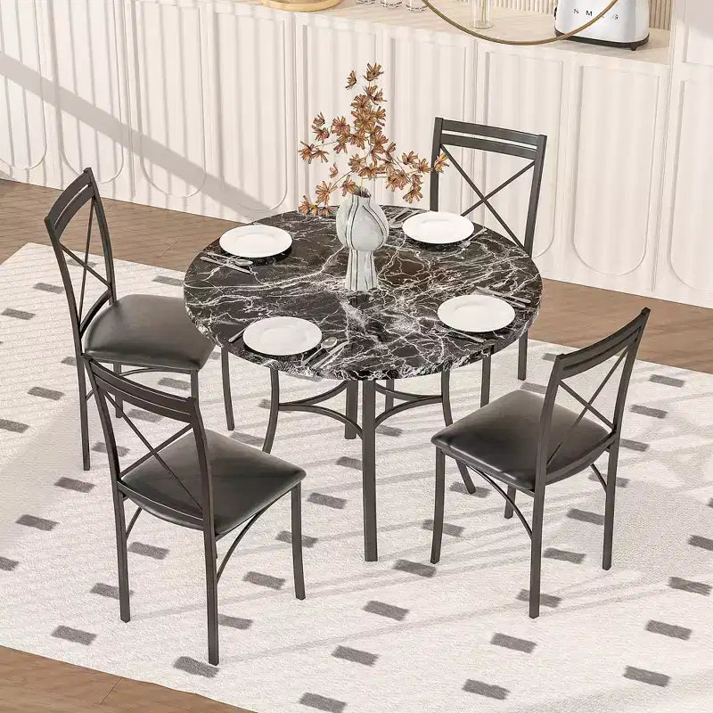 36 Round Dining Table for 4, Faux Marble Bar Table Top with Metal Legs for Kitchen, Small Spaces