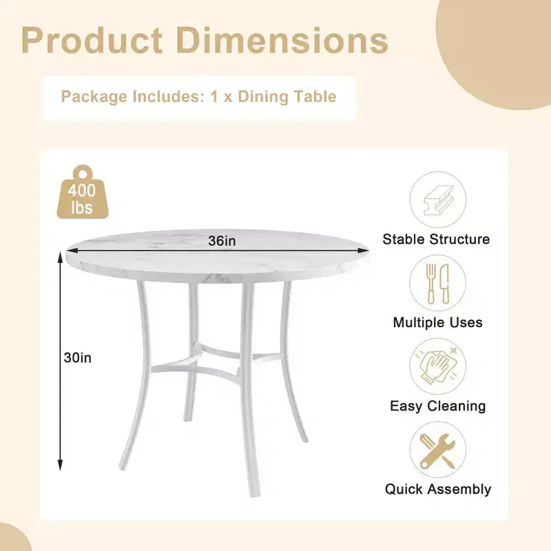 36 Round Dining Table for 4, Faux Marble Bar Table Top with Metal Legs for Kitchen, Small Spaces