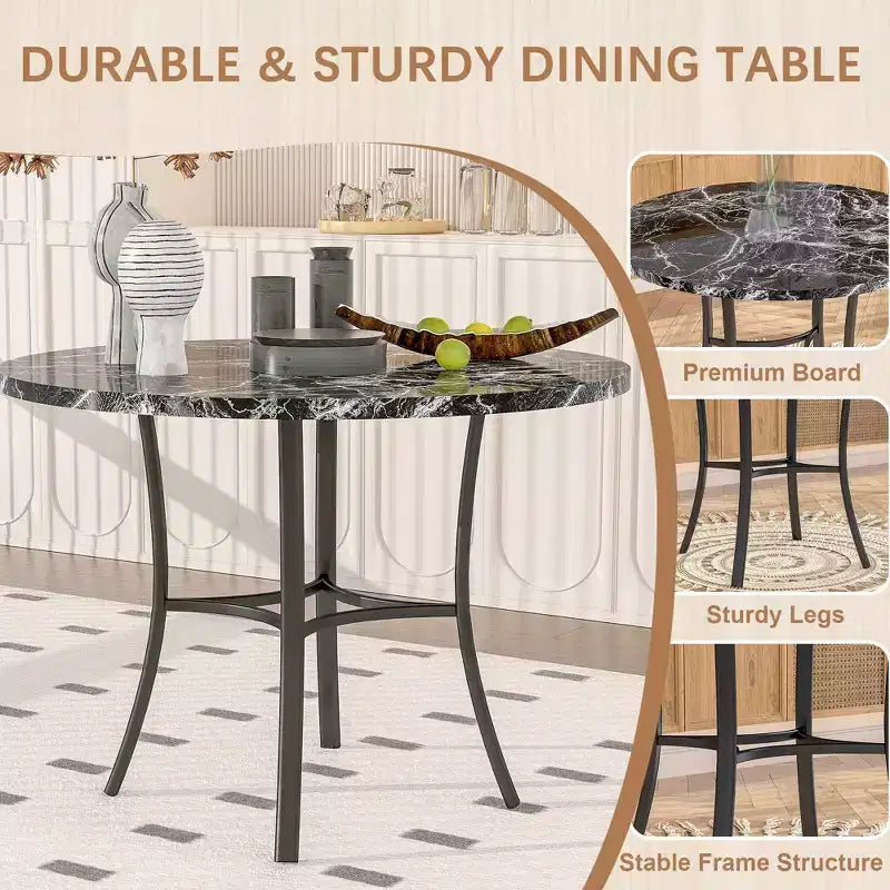 36 Round Dining Table for 4, Faux Marble Bar Table Top with Metal Legs for Kitchen, Small Spaces