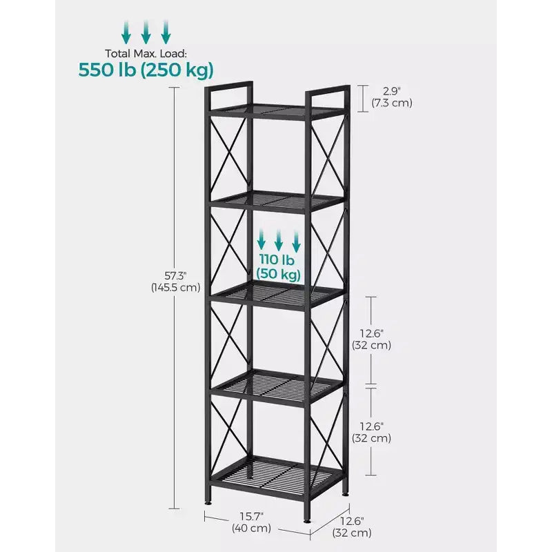 5-Tier Metal Storage Rack, Shelving Unit with X Side Frames, Dense Mesh, 12.6 x 15.7 x 57.3 Inches, Ink Black