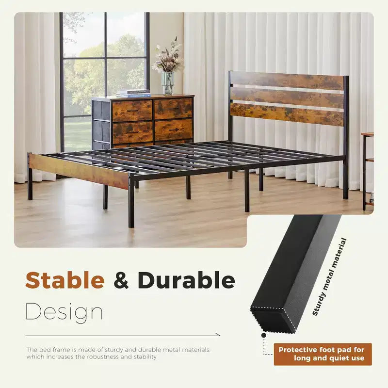 Brown Metal Bed Frame with Headboard and Footboard, 800LBS Sturdy Slats Support, Box Spring Free & Ultra-Quiet