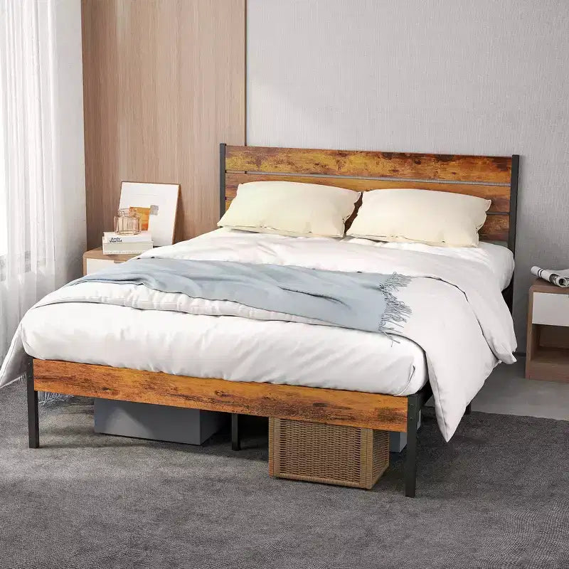 Brown Metal Bed Frame with Headboard and Footboard, 800LBS Sturdy Slats Support, Box Spring Free & Ultra-Quiet