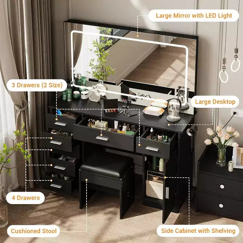 Vanity Desk with Large Mirror and Lights, Makeup Vanity with Power Outlet, 7 Drawers & Cushioned Stool, 3 Lighting Color Adjustable