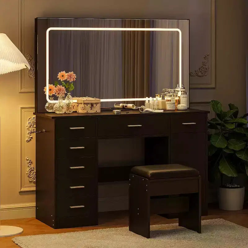 Vanity Desk with Large Mirror and Lights, Makeup Vanity with Power Outlet, 7 Drawers & Cushioned Stool, 3 Lighting Color Adjustable