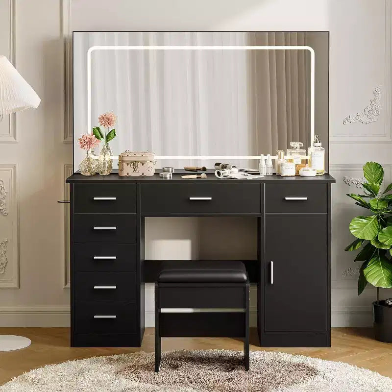 Vanity Desk with Large Mirror and Lights, Makeup Vanity with Power Outlet, 7 Drawers & Cushioned Stool, 3 Lighting Color Adjustable
