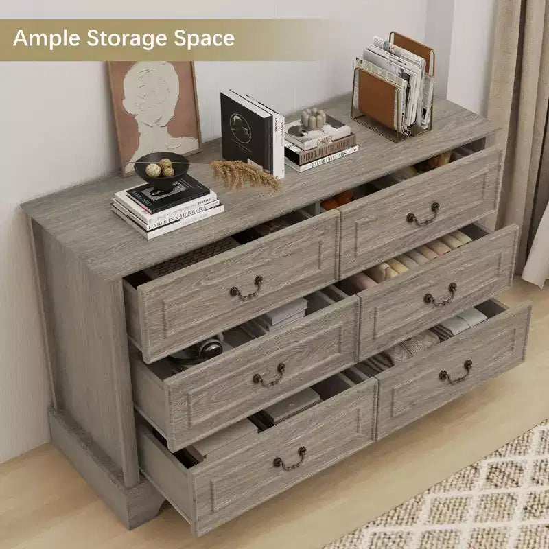 47'' Farmhouse 6 Drawers Dresser for Bedroom, Wide Rustic chests of Drawers with Natural Texture, Gray