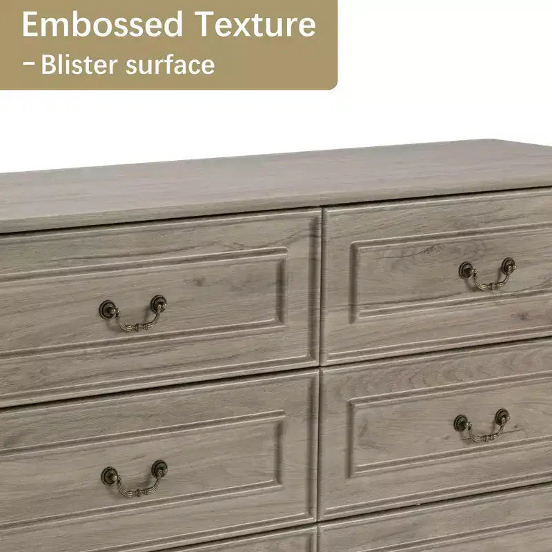 47'' Farmhouse 6 Drawers Dresser for Bedroom, Wide Rustic chests of Drawers with Natural Texture, Gray