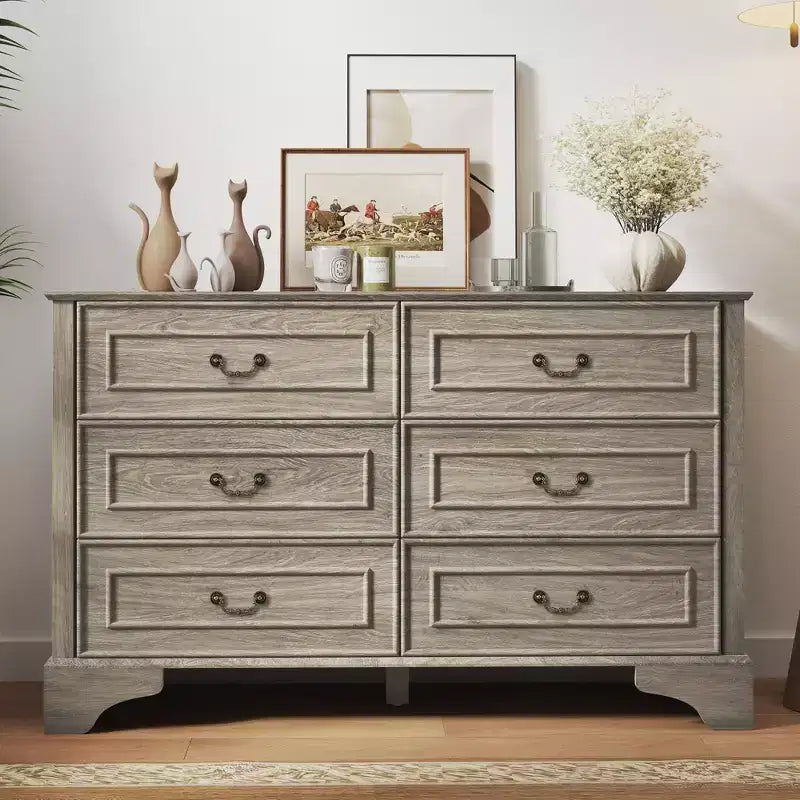 47'' Farmhouse 6 Drawers Dresser for Bedroom, Wide Rustic chests of Drawers with Natural Texture, Gray