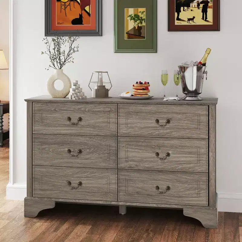 47'' Farmhouse 6 Drawers Dresser for Bedroom, Wide Rustic chests of Drawers with Natural Texture, Gray
