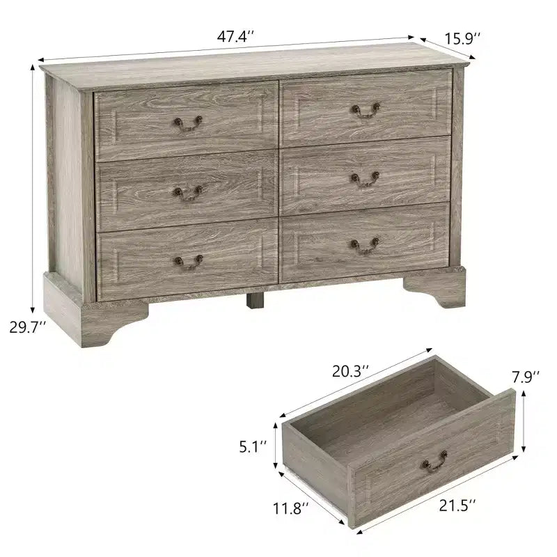47'' Farmhouse 6 Drawers Dresser for Bedroom, Wide Rustic chests of Drawers with Natural Texture, Gray