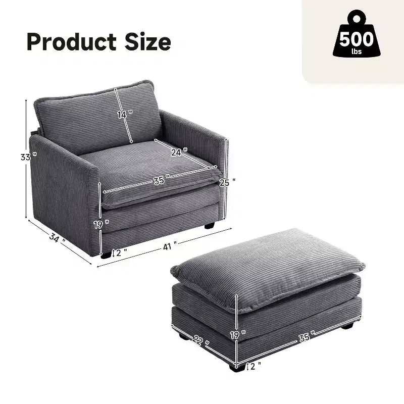 41.34 Corduroy Oversized Accent Chair, Sofa Chair with Ottoman and Large Seat, Modern Armchair Reading Chairs for Bedroom Living Room
