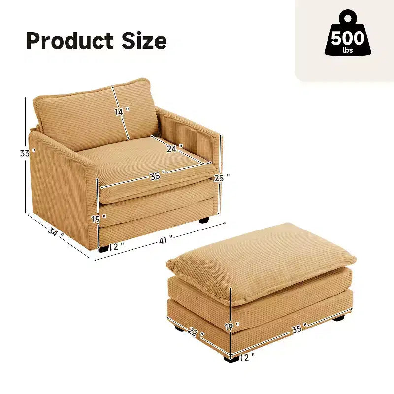 41.34 Corduroy Oversized Accent Chair, Sofa Chair with Ottoman and Large Seat, Modern Armchair Reading Chairs for Bedroom Living Room