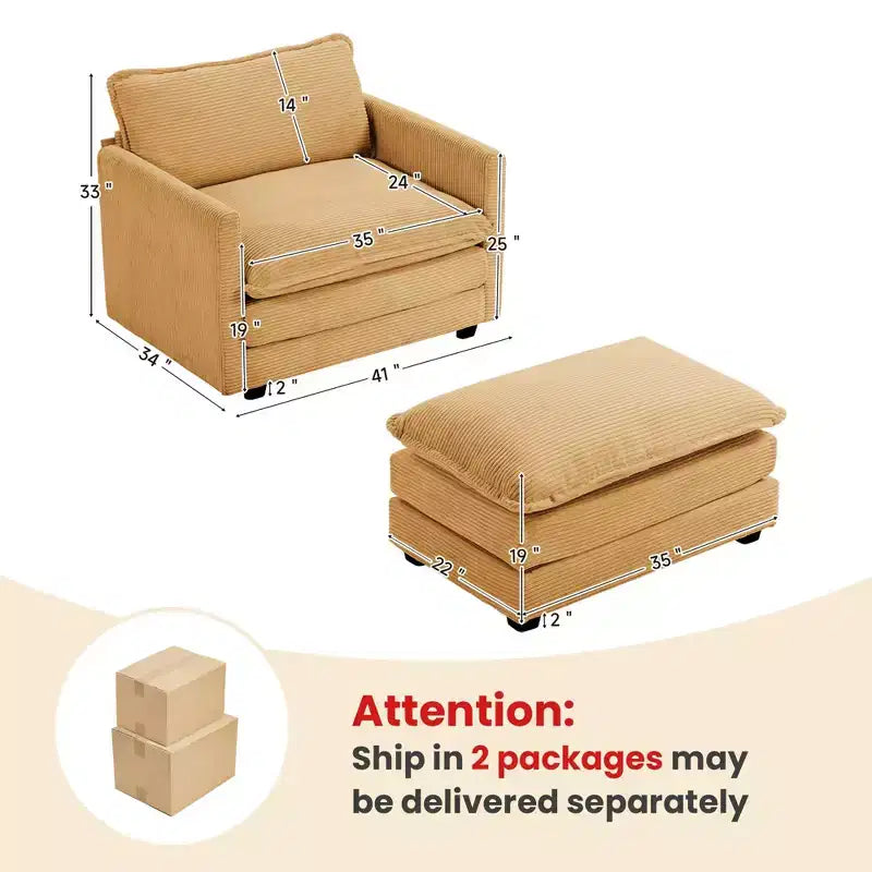 41.34 Corduroy Oversized Accent Chair, Sofa Chair with Ottoman and Large Seat, Modern Armchair Reading Chairs for Bedroom Living Room