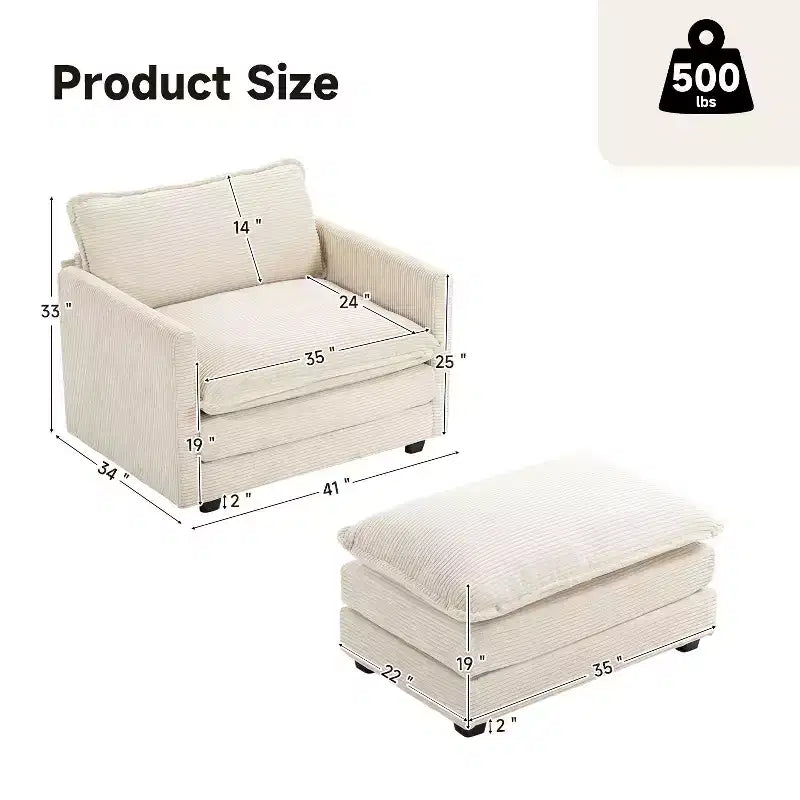 41.34 Corduroy Oversized Accent Chair, Sofa Chair with Ottoman and Large Seat, Modern Armchair Reading Chairs for Bedroom Living Room