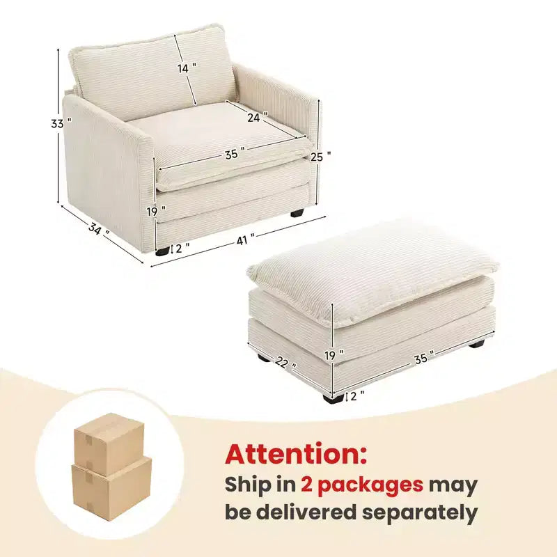 41.34 Corduroy Oversized Accent Chair, Sofa Chair with Ottoman and Large Seat, Modern Armchair Reading Chairs for Bedroom Living Room