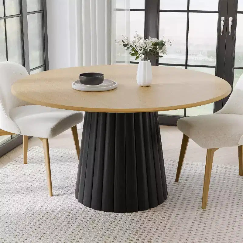 52" Round Wood Dining Table - Seats 4-6, Arc-Shaped Edge Top & Textured Tapered Pedestal Base, Natural, No Tools Assembly
