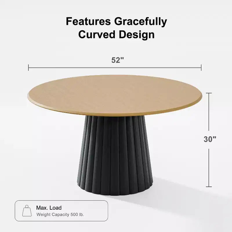 52" Round Wood Dining Table - Seats 4-6, Arc-Shaped Edge Top & Textured Tapered Pedestal Base, Natural, No Tools Assembly