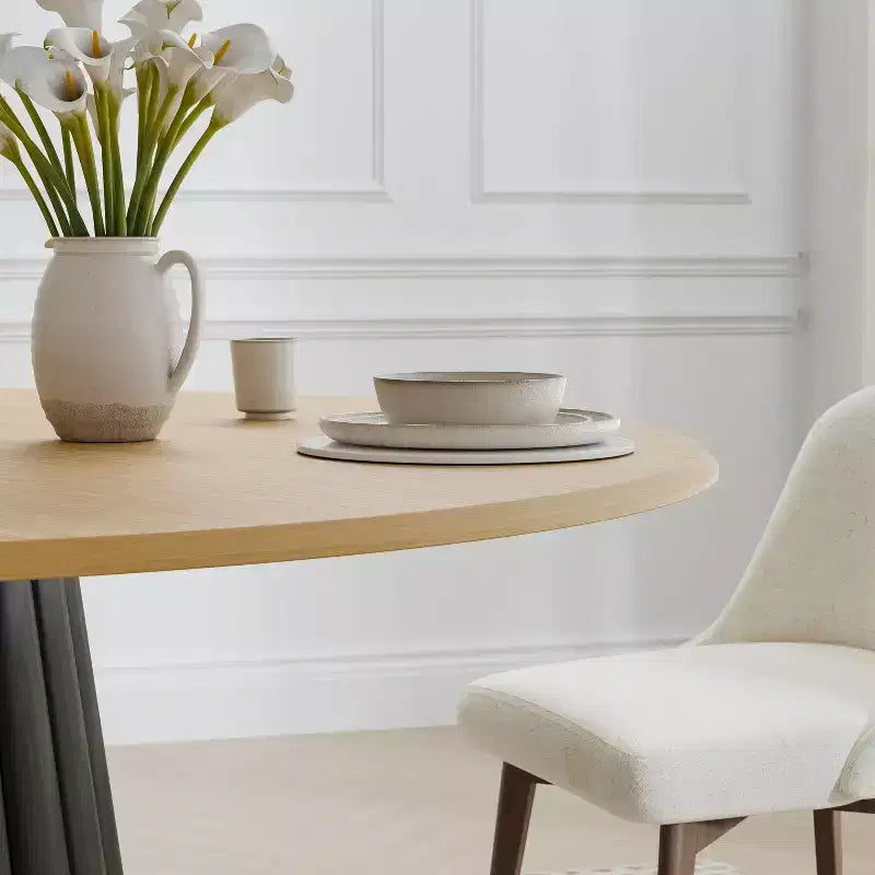 52" Round Wood Dining Table - Seats 4-6, Arc-Shaped Edge Top & Textured Tapered Pedestal Base, Natural, No Tools Assembly