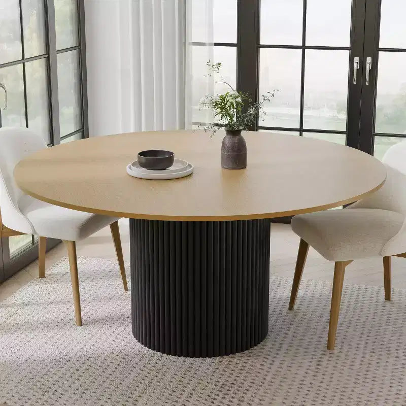 60" Round Solid Wood Dining Table - Seats 6-8, Fluted Cylindrical Pedestal Base, Natural, No Tools Assembly