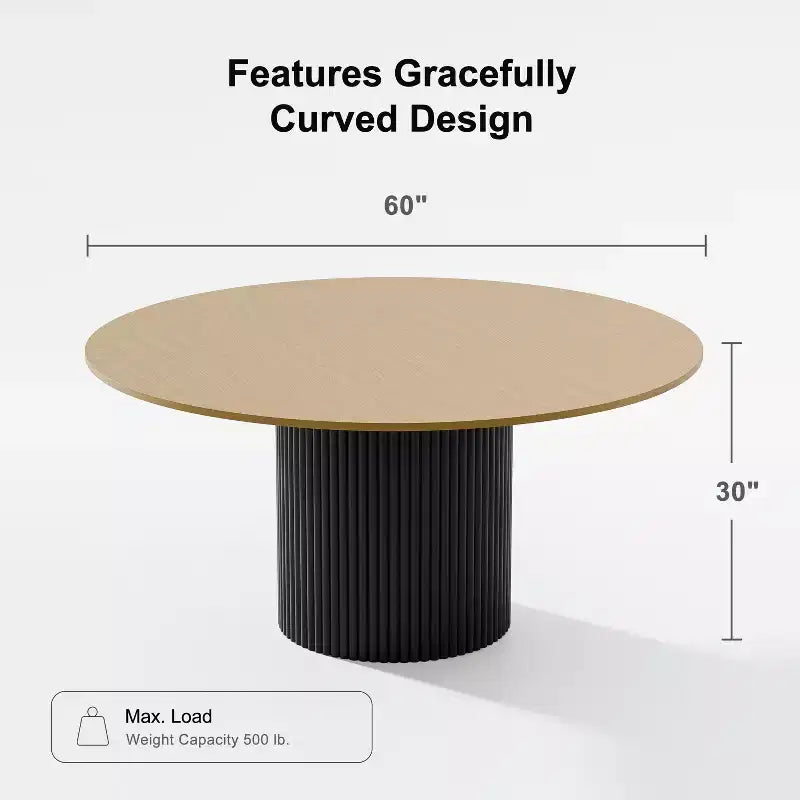 60" Round Solid Wood Dining Table - Seats 6-8, Fluted Cylindrical Pedestal Base, Natural, No Tools Assembly
