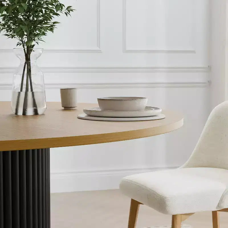 60" Round Solid Wood Dining Table - Seats 6-8, Fluted Cylindrical Pedestal Base, Natural, No Tools Assembly
