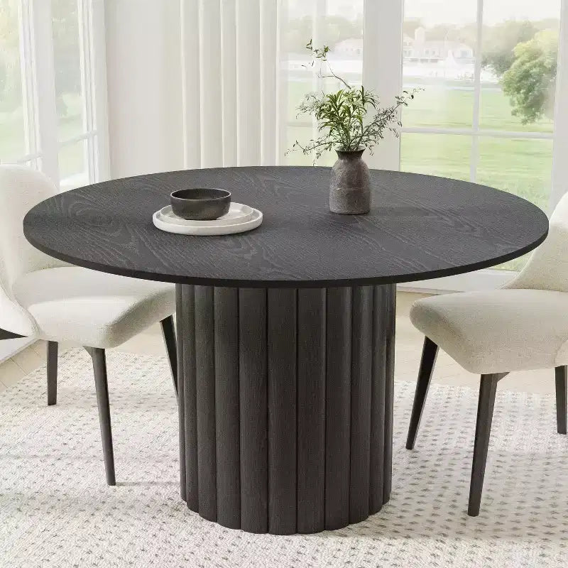 52" Round Solid Wood Dining Table - Seats 4-6, Fluted Cylindrical Pedestal Base, Black, No Tools Assembly