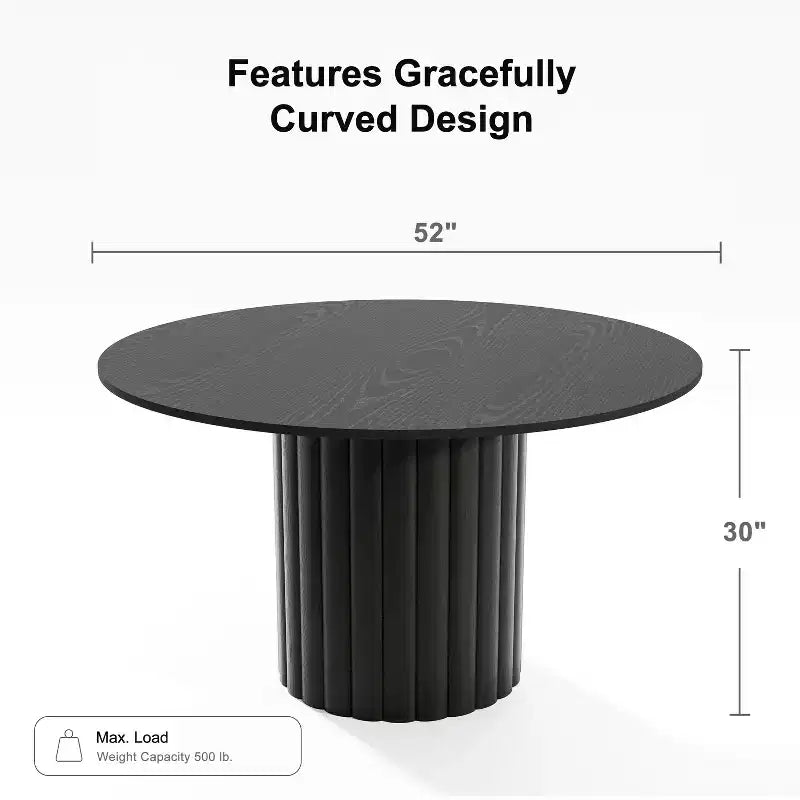 52" Round Solid Wood Dining Table - Seats 4-6, Fluted Cylindrical Pedestal Base, Black, No Tools Assembly