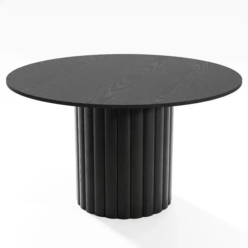 52" Round Solid Wood Dining Table - Seats 4-6, Fluted Cylindrical Pedestal Base, Black, No Tools Assembly