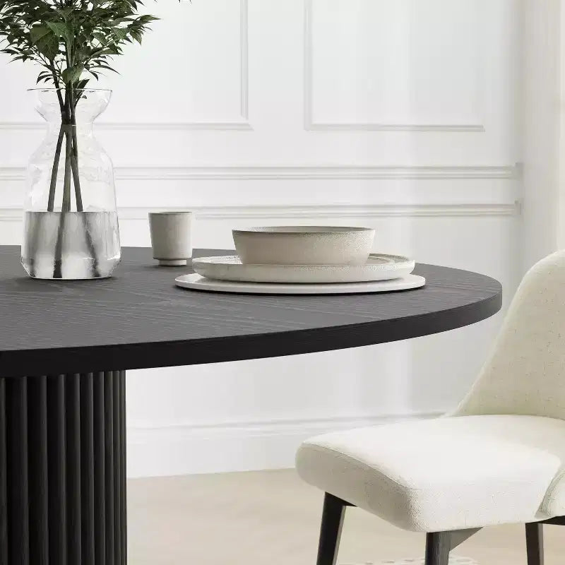 52" Round Solid Wood Dining Table - Seats 4-6, Fluted Cylindrical Pedestal Base, Black, No Tools Assembly