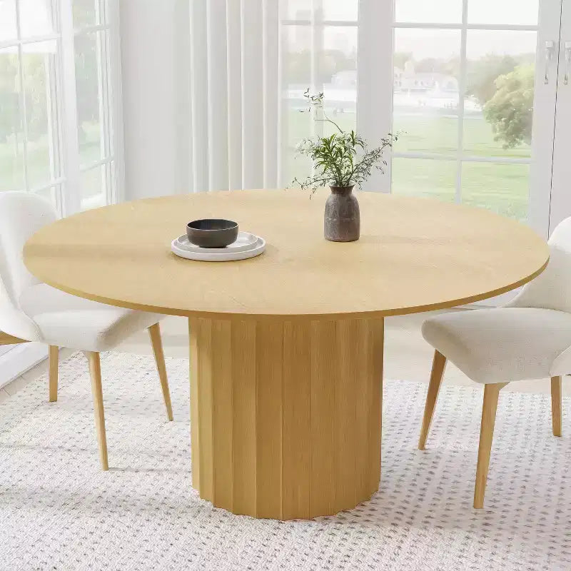 60" Round Solid Wood Dining Table - Seats 6-8, Fluted Cylindrical Pedestal Base, Natural, No Tools Assembly
