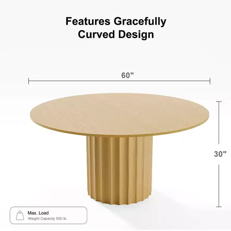 60" Round Solid Wood Dining Table - Seats 6-8, Fluted Cylindrical Pedestal Base, Natural, No Tools Assembly